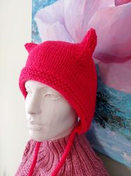 Adult Bonnet with Ears Hand Knitted Black Bonnet for Women Kitty Hat with Ear Aviator Cap Pussy hat