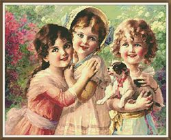 PDF Cross Stitch Pattern - Vintage postcard - Three sisters