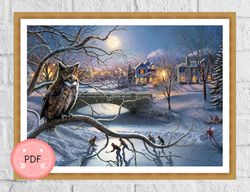 Owl Cross Stitch Pattern , Edge Of Town, Pdf Instant Download , X Stitch Chart,Animal,Winter Scene