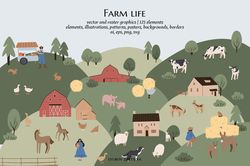 farm animals clipart, farm life svg png ai illustrations, farmhouse background png, cartoon characters flat vector style