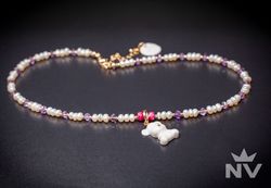 OOAK handmade porcelain necklace with pearls, amethyst, ruby by NV