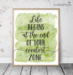 Life Begins At The End Of Your Comfort Zone, Office Printable Wall Art, Inspirational Quotes, Teacher Classroom Posters
