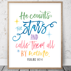 He Counts The Stars, Psalms 147:4, Bible Verse Printable Art, Scripture Prints, Christian Gift, Kids Room Decor, Nursery