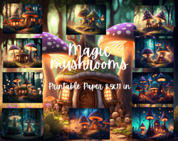 Fairy Forest Mushroom Digital Paper Pack - Commercial Use - 300 DPI JPEG Download,8.5x11 In