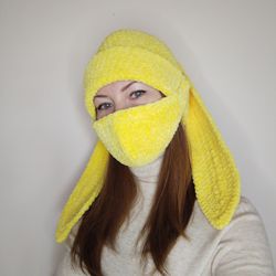 Yellow bunny beanie crochet with removable face mask Fluffy bunny hat fleece lined Plush bunny beanie hand knit