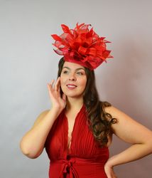 red fascinator, red fascinator hat, red derby hat, derby hat for women