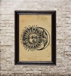 Alchemy Sun and Moon. An ancient occult symbol. Antique style picture. Hermetic wall hanging. 013.