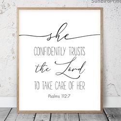 She Confidently Trusts The Lord, Psalms 112:7, Nursery Bible Verse Printable Art, Scripture Prints, Christian Gift, Kids