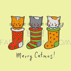 CAT CHRISTMAS CARD New Year Greeting Vector Illustration Set
