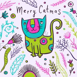 CAT CHRISTMAS FUNNY CARD New Year Vector Illustration Set