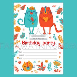 CAT GIRL INVITES BIRTHDAY Cute Flat Style Text Banner Vector