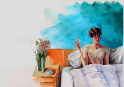 Man In Bed Painting Original Watercolor Painting Male Art Young Man Smoking Painting Wall Art