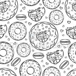 cat in donut monochrome seamless pattern vector illustration