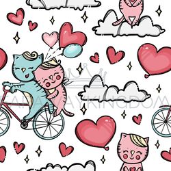 CAT ON A BIKE Valentine Day Seamless Pattern Vector Illustration