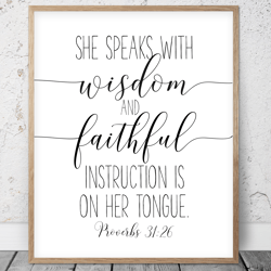 She Speaks With Wisdom, Proverbs 31:26, Nursery Bible Verse Printable Art, Scripture Prints, Christian Gift, Bedroom Art