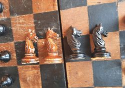 Antique circa 1930s Soviet wooden chess toothed knights - Old Russian wooden chess vintage