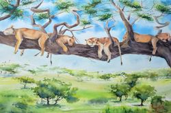 Lion painting on stretcher lion original watercolor on stretcher lion watercolor african landscape african painting DIY