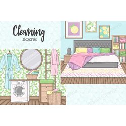 spring cleaning digital backgrounds, Home Cleaning scenes clipart, Clean House clipart, chores clipart, laundry