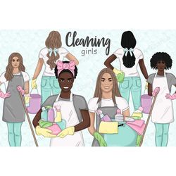 Cleaning girl clipart pack for scrapbook, cleaning woman clip art, Planner Girl Clipart