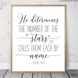 He Determines The Number Of the Stars, Psalms 147:4, Nursery Bible Verse Printable Wall Art, Scripture Prints, Christian