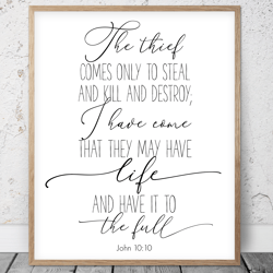 The Thief Comes Only To Steal, John 10:10, Nursery Bible Verses, Printable Wall Art, Scripture Prints, Christian Gifts