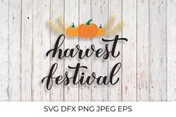 Harvest festival calligraphy lettering with hand drawn pumpkins and wheat ears
