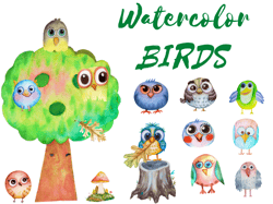 Bright and Cheerful Watercolor Bird Clipart Bundle - Adorable and Funny Birds for Commercial Use (Digital Download inPNG