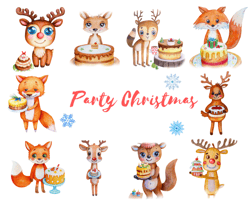 Woodland Animal Party Clipart Set: Forest Creatures with Cakes and Watercolor Illustrations - PNG Format for Commercial