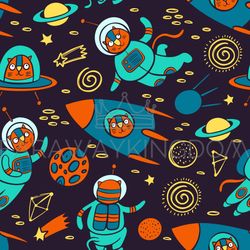 CAT SPACE PATTERN Cute Traveling Animal Background Vector