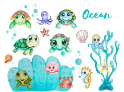Vibrant Watercolor Sea Animal Clipart Set: Under the Sea Friends in PNG Format for Commercial Use - Perfect for Ocean