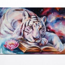 White Tiger Oil Painting Colorful Animals Art Tiger Original Painting on Canvas Space Artwork Animal Wall Art 20/27 in.