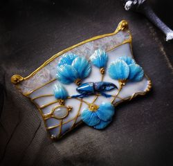 Blue flower brooch with beetle, with moonstone. Handmade, vintage style, art nouveau style.