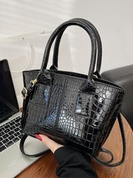 Womens Crocodile Embossed Double Handle Square Bag