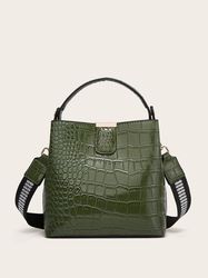 Womens Crocodile Embossed Top Handle Bucket Bag