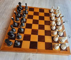 Soviet rare elegant plastic black white chessmen & wooden folding box board chess set vintage