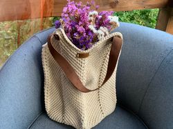 Handmade crochet shopper bag with genuine leather handles Rope shopping bag Street bag Crochet tote bag Market bag