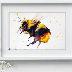 Watercolor bumblebee painting, drawing watercolour bees painting original art by Anne Gorywine