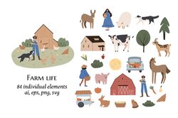domestic animals clipart, farm life svg png ai illustrations, farmer flat vector style, chicken, sheep, goat, rabbit