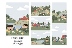 farm seamless pattern with domestic animal, country life digital paper, Vector illustration clipart in cartoon style