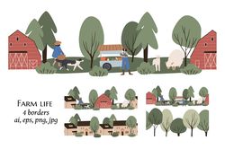 landscape background clipart, farm field illustration, cottage scenery vector in flat style, nature illustration