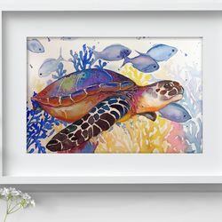 Sea Turtle Watercolor Wall Decor 7"x10" home art turtle painting by Anne Gorywine