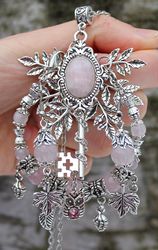 Handmade Unique Fantasy Vintage Pink Guartz Jewelry Set (Key Necklace, Earrings and Bracelet)