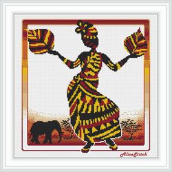 Cross stitch pattern African woman leaves dance silhouette elephant ethnic Africa sampler counted crossstitch patterns