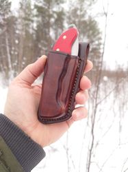 vertical leather sheath for folding knife victorinox hunter pro alox red  / custom leather sheath