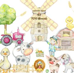 Farm animals watercolor clipart, cute farm clip art, nursery decor, baby wall art, baby shower. Digital Download. Sublim