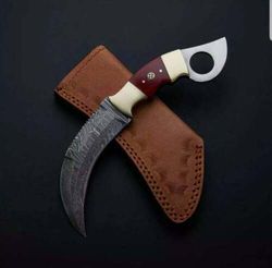 Full Tang Hand Forged Damascus Steel Karambit Knife W/ Wood & bone Handle