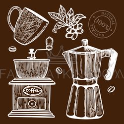 COFFEE MILL SKETCH Design Label Of Shop Vector Illustration Set