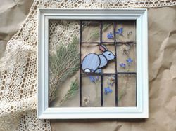 Framed stained glass rabbit Vintage stained glass Bunny Stained Glass hanging Easter gift Pressed flower frame DIY