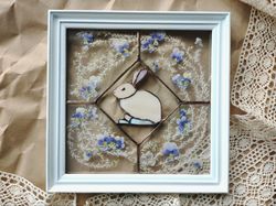 DIY Original Rabbit Painting Pressed flower frame Stained glass hanging panel Vintage Bunny Stained Glass