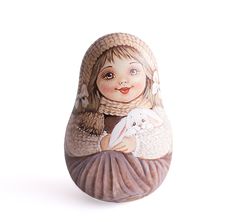 Roly poly doll cute winter girl Weeble wobble Xmas gift tumbling ding dong kids nursery decor collectible wooden toys